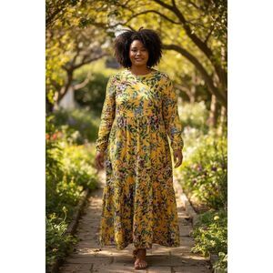 Annah Hariri Yellow Floral Maxi Dress Plus Size 16 Long Sleeve Plaid Sundress